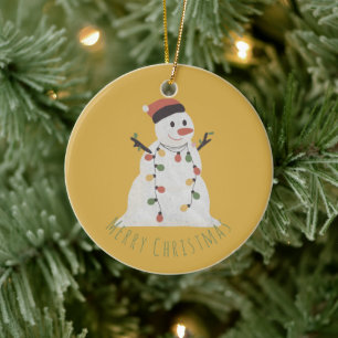 Christmas Snowman with Fairy Lights Ceramic Ornament