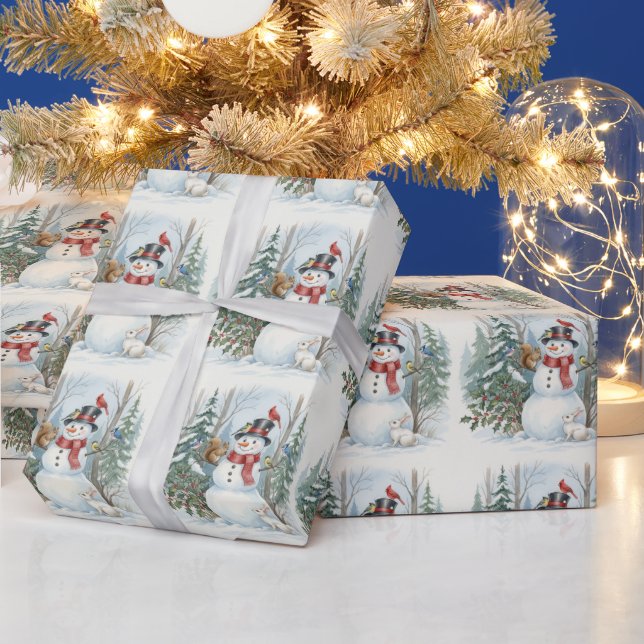 Christmas Snowman with Forest Animals and Birds Wrapping Paper (Holidays)