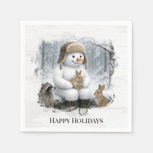 Christmas Snowman With Friends In Winter Woods Napkin