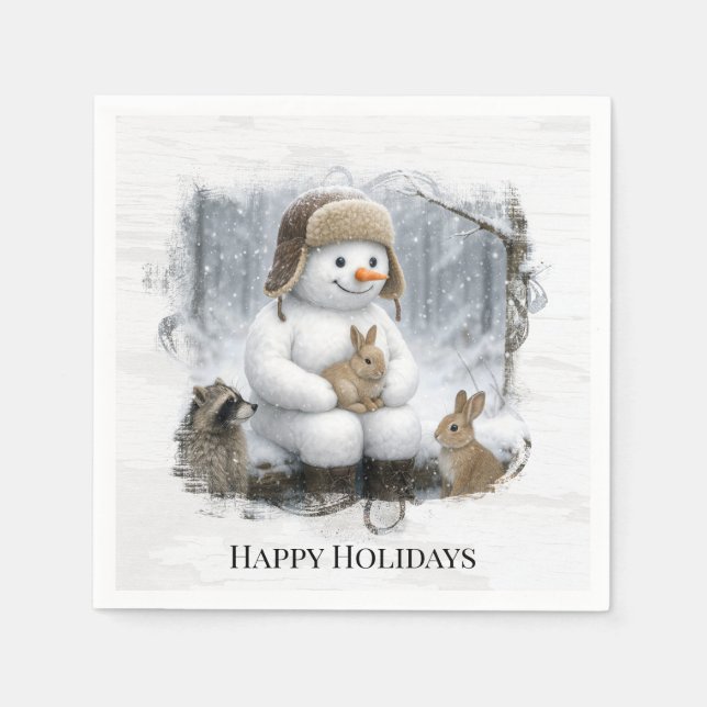 Christmas Snowman With Friends In Winter Woods Napkin (Front)