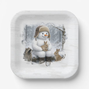 Christmas Snowman With Friends In Winter Woods Paper Plate