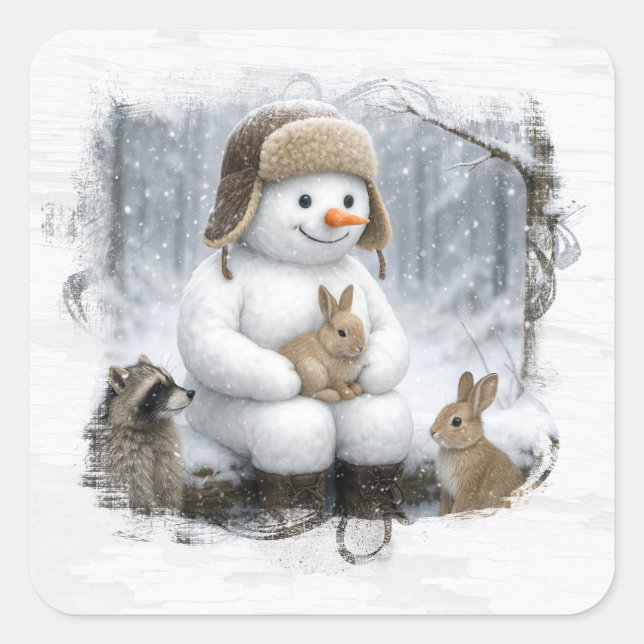 Christmas Snowman With Friends In Winter Woods Square Sticker (Front)