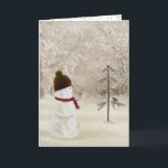 Christmas Snowman With Gold Star Holiday Card<br><div class="desc">Cute snowman holding a gold star in winter woods with pine tree and bird.</div>