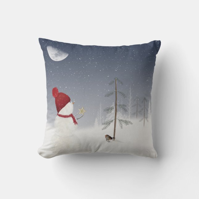 Christmas snowman with gold star throw pillow (Front)