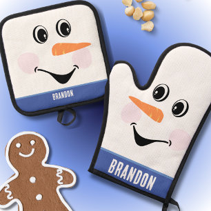 Christmas Snowman With Happy Face Smile Blue White Oven Mitt & Pot Holder Set