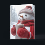 Christmas Snowman With Hot Chocolate Card<br><div class="desc">A cheerful snowman dressed in a red hat,  scarf,  and mittens holds a steaming mug of hot chocolate topped with marshmallows.
Text can be changed.</div>