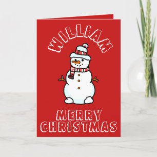 Christmas Snowman With Name   Boys Red Activity Holiday Card