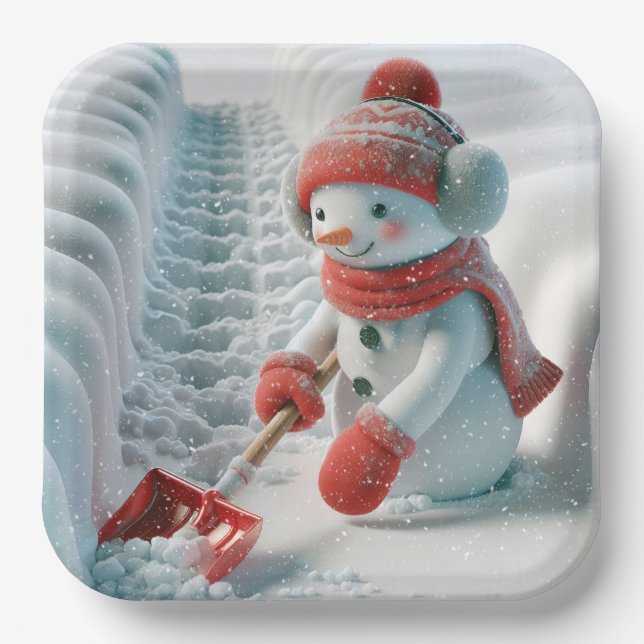 Christmas Snowman With Red Shovel Paper Plate (Front)