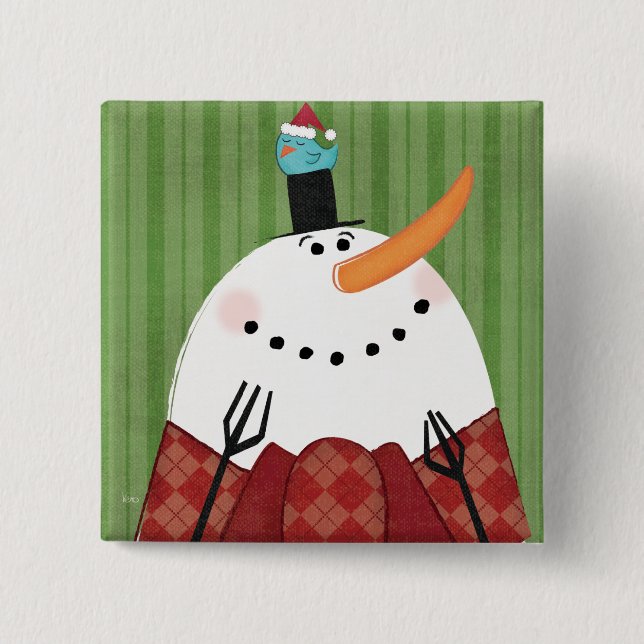 Christmas Snowman with Singing Bird 2 Inch Square Button (Front)