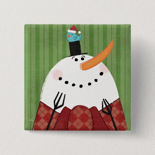 Christmas Snowman with Singing Bird 2 Inch Square Button