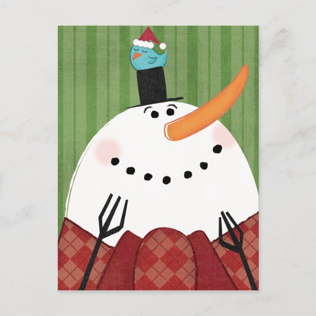 Christmas Snowman with Singing Bird Holiday Postcard (Front)