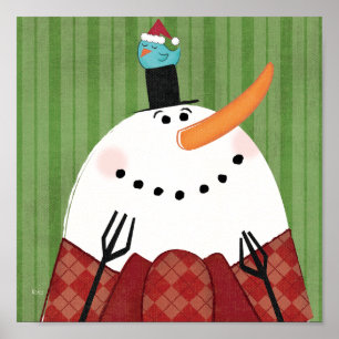 Christmas Snowman with Singing Bird Poster