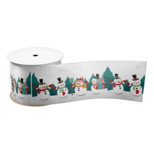 Christmas Snowman with Trees and Gifts  Satin Ribbon