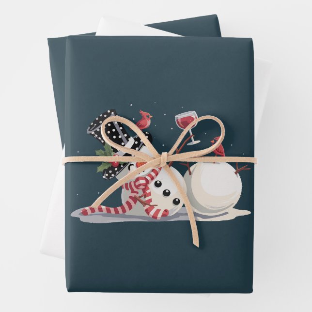 Christmas Snowman With Wine Gift Xmas Drinking Wrapping Paper Sheet (In situ)