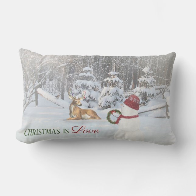 Christmas snowman with wreath for deer in snow lumbar pillow (Front)
