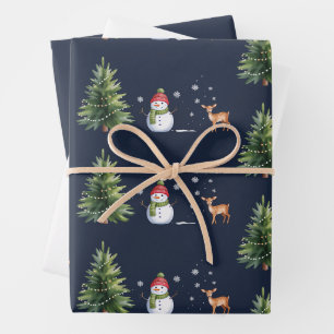 Christmas Snowman Xmas Tree Reindeer Winter Season Wrapping Paper Sheet