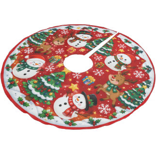 Christmas Snowmen and Reindeer Characters Brushed Polyester Tree Skirt