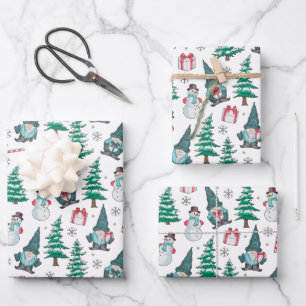 Christmas Snowmen Gnomes Candy Canes Gifts Wrapping Paper Sheet
