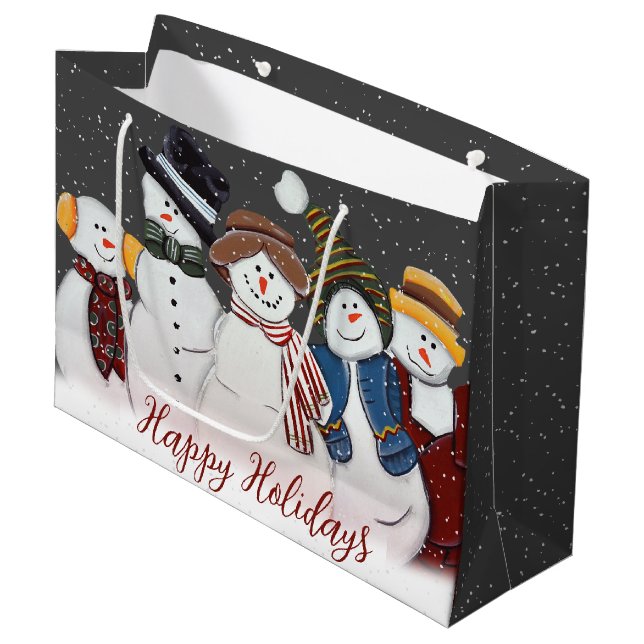Christmas Snowmen In Snowflakes Large Gift Bag (Front Angled)