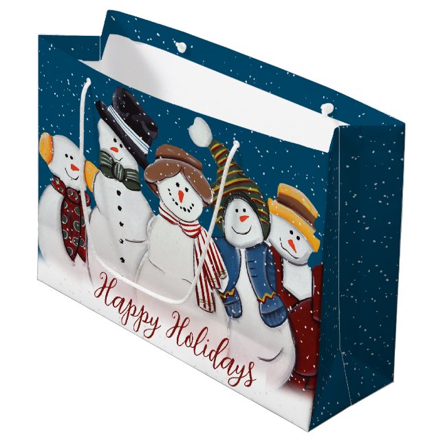 Christmas Snowmen In Snowflakes Large Gift Bag (Front Angled)