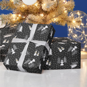 Christmas - Snowmen & Trees - black Wrapping Paper