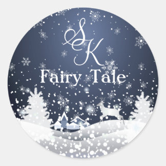Christmas Snowy Fairy Tale Fantasy Forest Monogram Classic Round Sticker