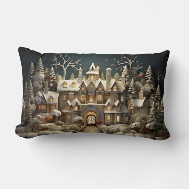 Christmas Snowy Manor Storybook Wonderland Lumbar Pillow (Front)