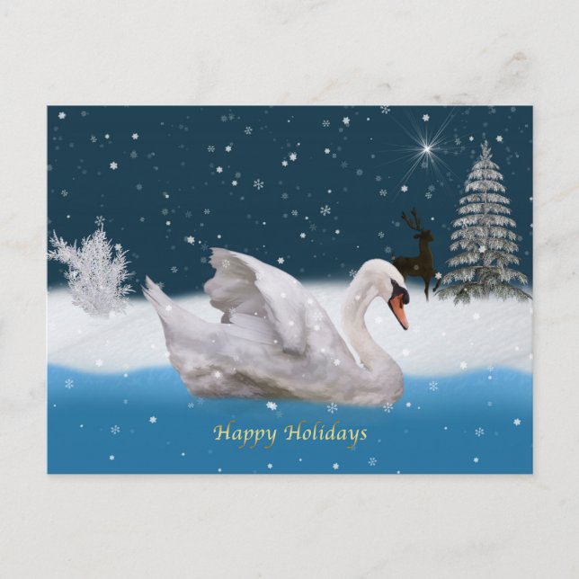 Christmas, Snowy Night with A Swan on a Lake Holiday Postcard (Front)