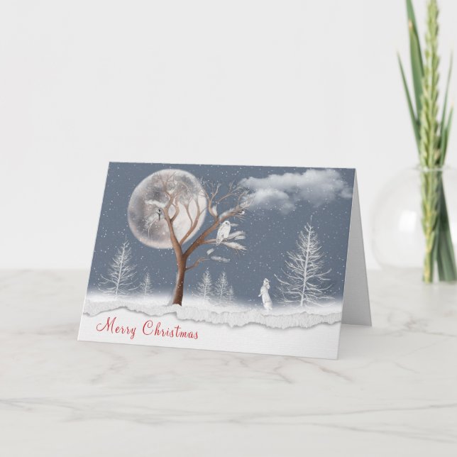 Christmas Snowy Owl and Rabbit Card (Front)