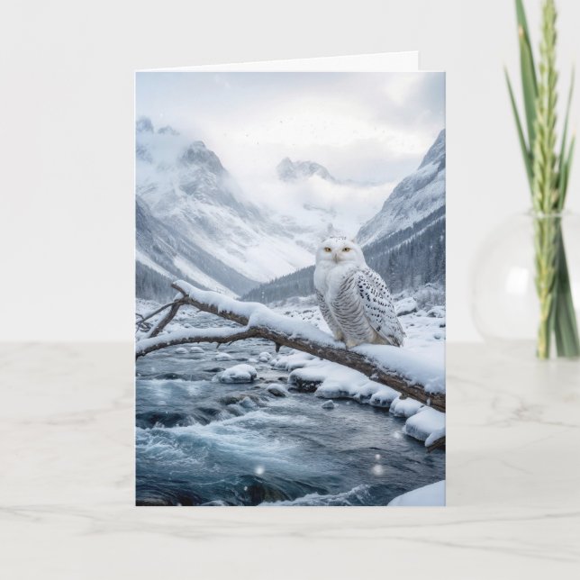 Christmas Snowy Owl On a Winter Tree Branch Card (Front)