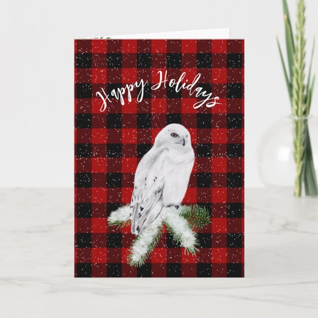 Christmas Snowy Owl On Plaid  Card (Front)