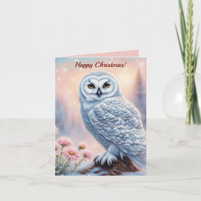 Christmas Snowy Owl, pink flowers. Editable text Note Card (Front)