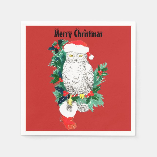 Christmas Snowy Owl with Santa Hat and Stocking Napkin (Front)