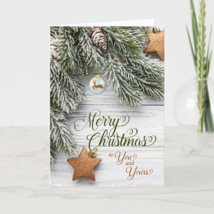Christmas Snowy Pine Branches and Stars Holiday Card