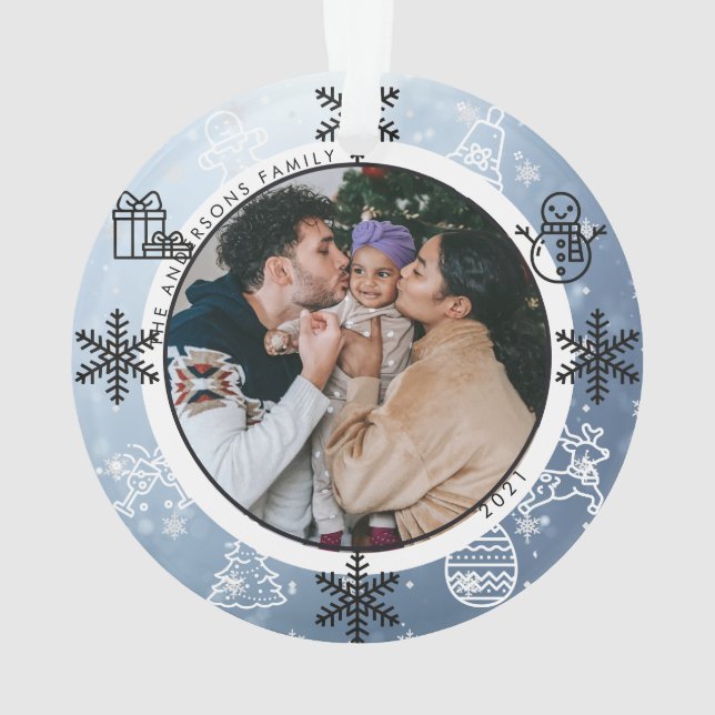Christmas Snowy Two Sided Name & Year Photo Orname Ornament (Back)