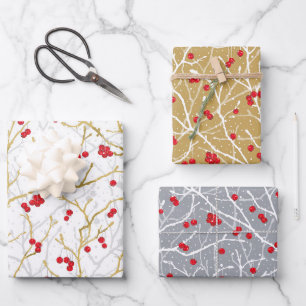 Christmas Snowy Winterberries   Gold/Grey/Red/Wt   Wrapping Paper Sheet