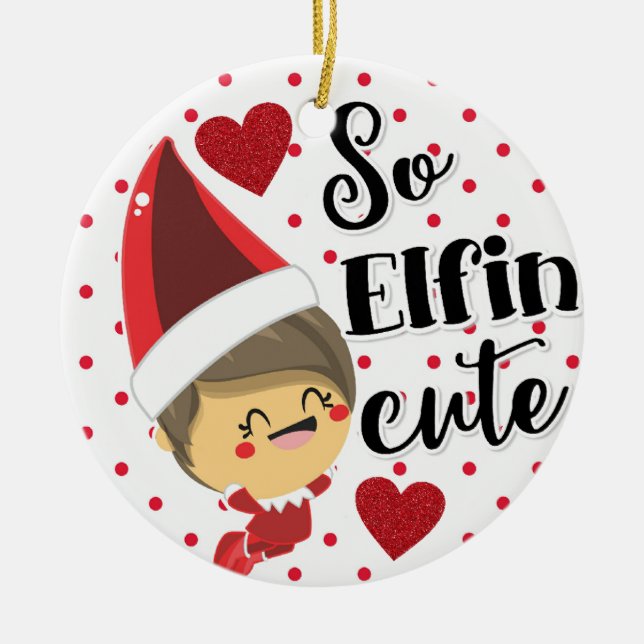 Christmas So Elfin Cute Elf Polka Dot Ceramic Ornament (Front)