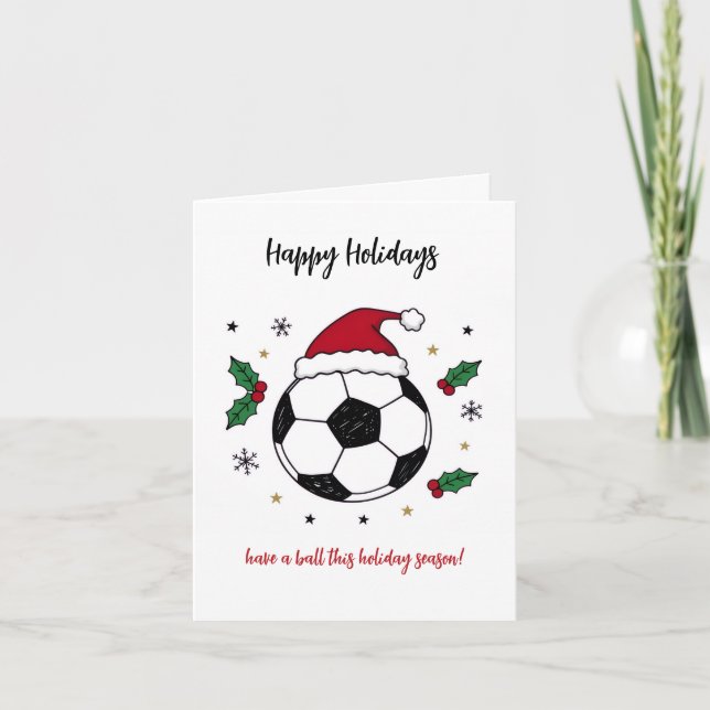 Christmas Soccer Ball Santa Hat Greeting Cards (Front)