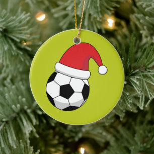 Christmas Soccer Ball With Santa Claus Hat Ceramic Ornament