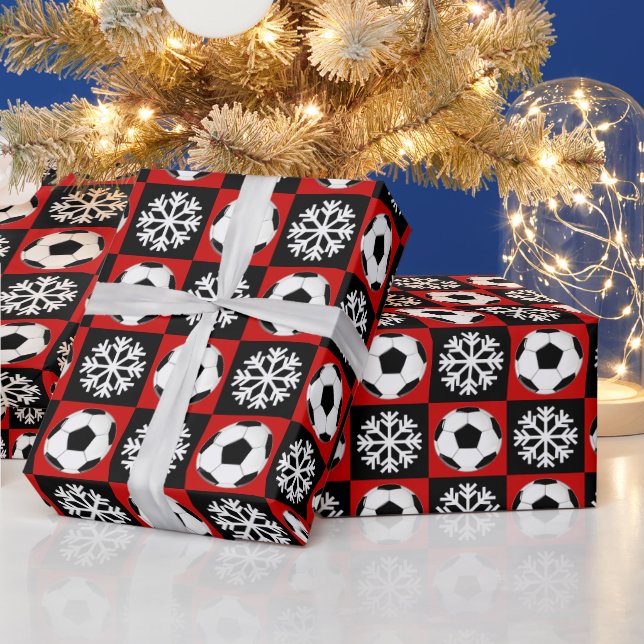 Christmas Soccer Balls and Snowflakes Red & Black Wrapping Paper (Holidays)