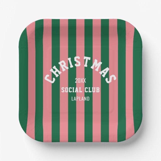 Christmas Social Club Green Pink Candy Stripes Paper Plate (Front)