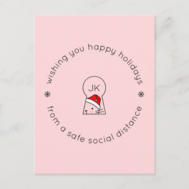 Christmas Social Distance Cute Funny Cat Monogram Postcard (Front)