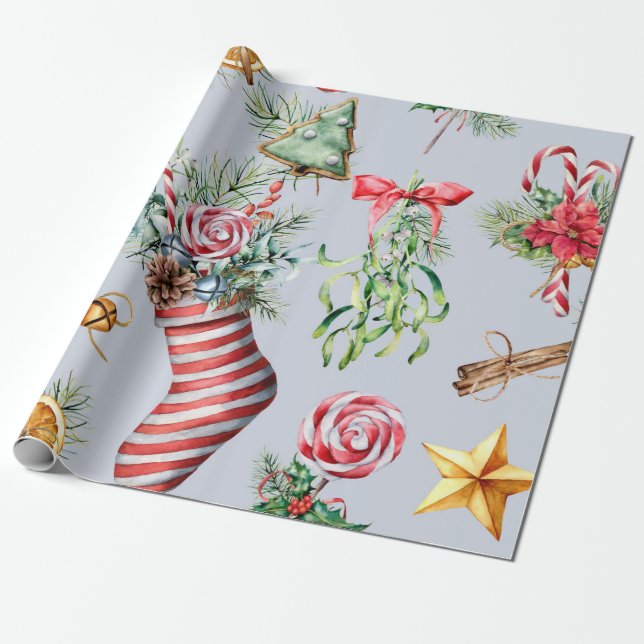 Christmas Sock/Blue Pattern Wrapping Paper (Unrolled)