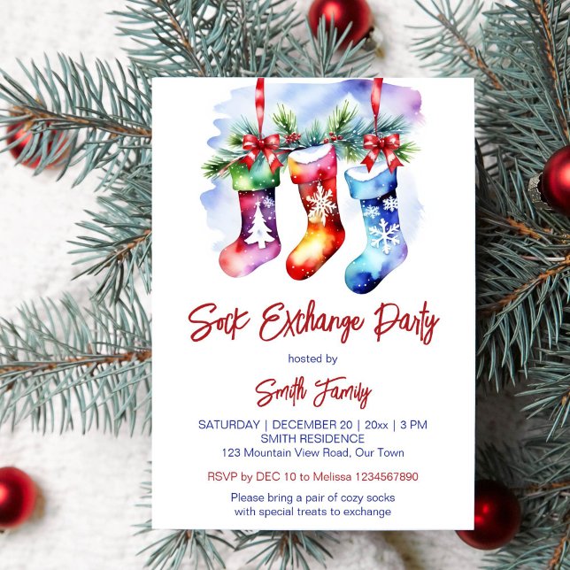 Christmas sock exchange party template (Christmas sock exchange party template invitation instant download colorful socks on snowy fir tree)