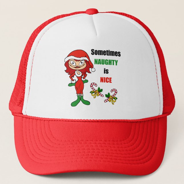 Christmas Sometimes Naughty Is Nice - Auburn Red Trucker Hat (Front)