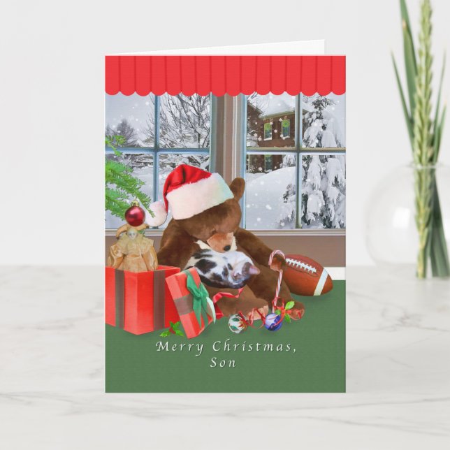 Christmas, Son, Cat, Teddy Bear Holiday Card (Front)