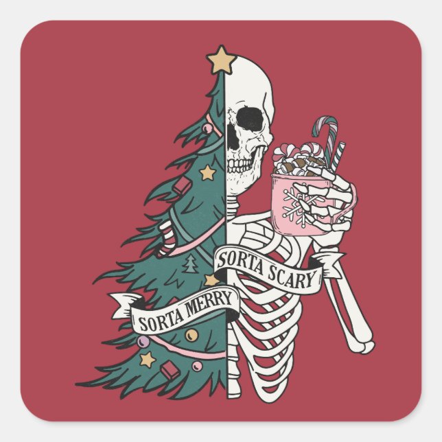 Christmas Sorta Scary Sorta Merry Funny Skeleton  Square Sticker (Front)