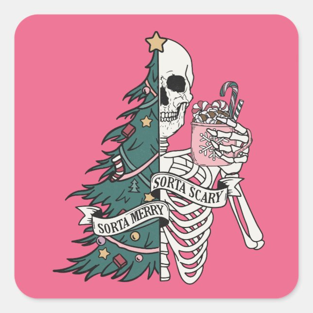 Christmas Sorta Scary Sorta Merry Funny Skeleton  Square Sticker (Front)