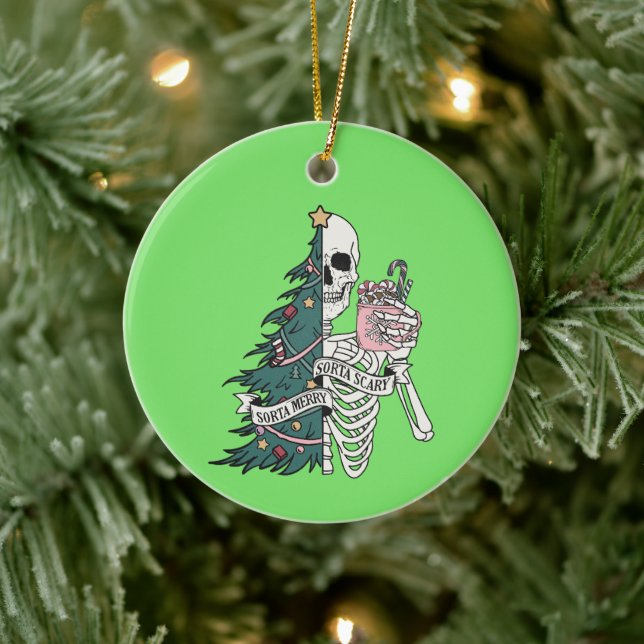 Christmas Sorta Scary Sorta Merry Skeleton Tree Ceramic Ornament (Tree)