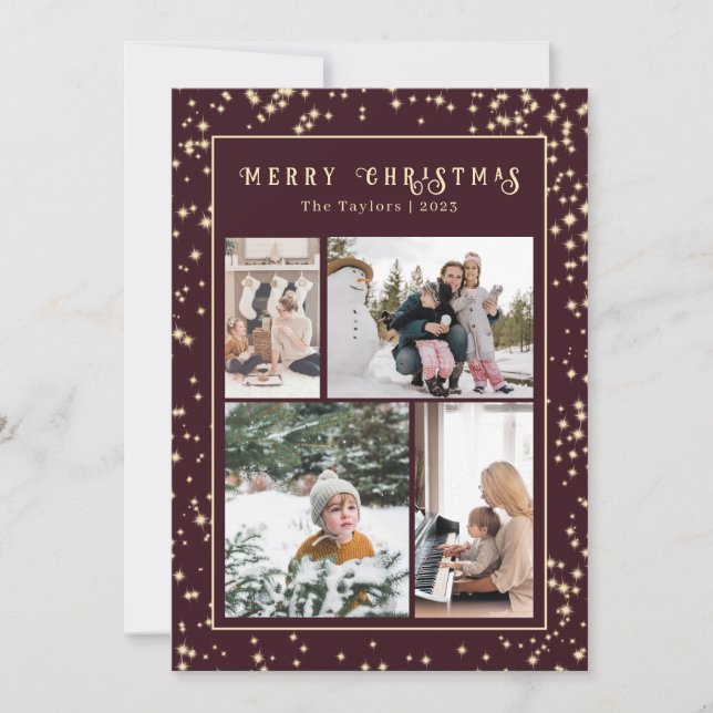 Christmas Sparkle Burgundy Classic Multi Photo Holiday Card (Front)
